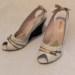 Kensie Cream Floral Peep-Toe Bow Slingback Wedges